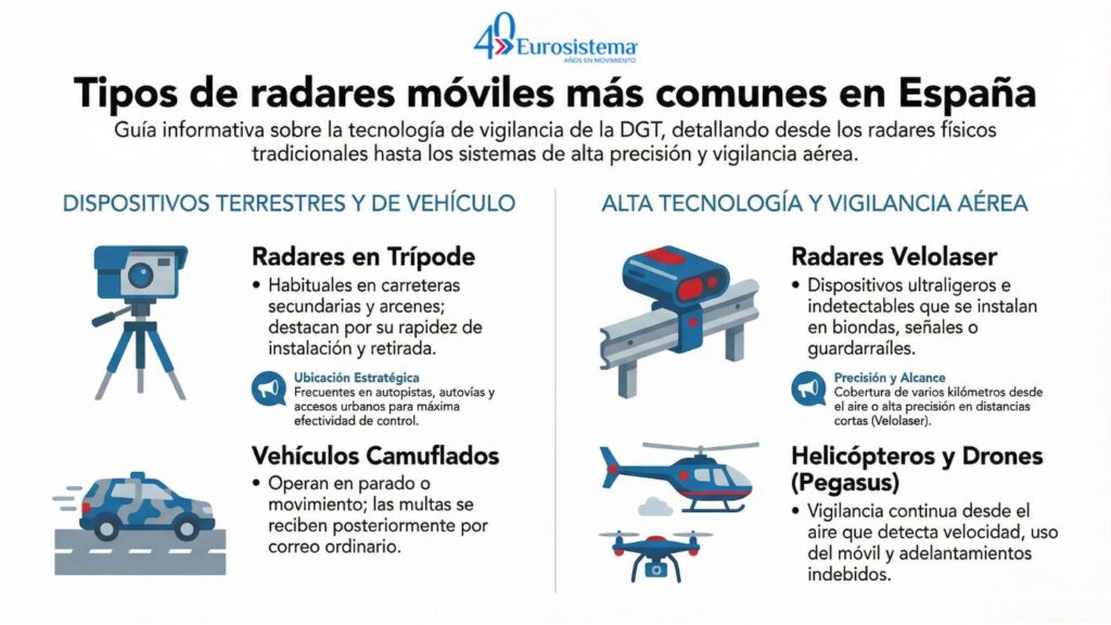 Incluyen radares en trípode, coches camuflados, Velolaser y sistemas aéreos como Pegasus. 