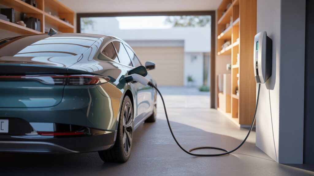 imagen de coche eléctrico enchufado en casa, Deducción por coche eléctrico, hasta 3.000€ en juego