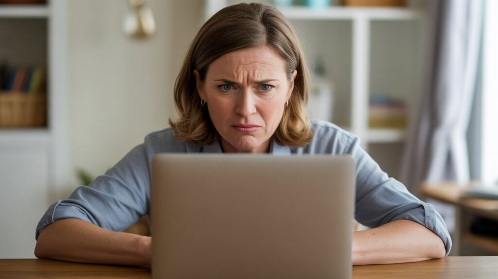 mujer confundida con algo que le sale en su portátil