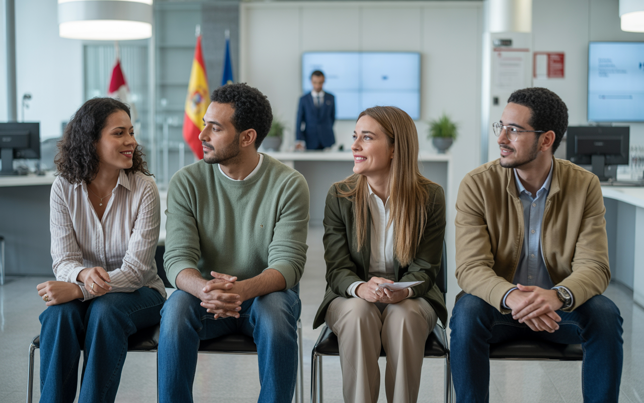 eurosistema-regularizacion-masiva de personas-migrantes-en-2025 imagen de una venezolana, un marroquí, una mujer reumana y un latino esperando un trámite, para el post regularización masiva de personas migrantes en 2025