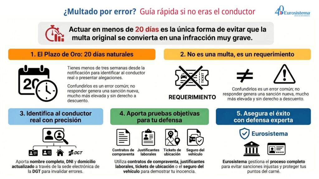 guía sobre qué hacer si te han identificado como conductor en una multa y no eras tú, incluyendo plazos y cómo recurrir