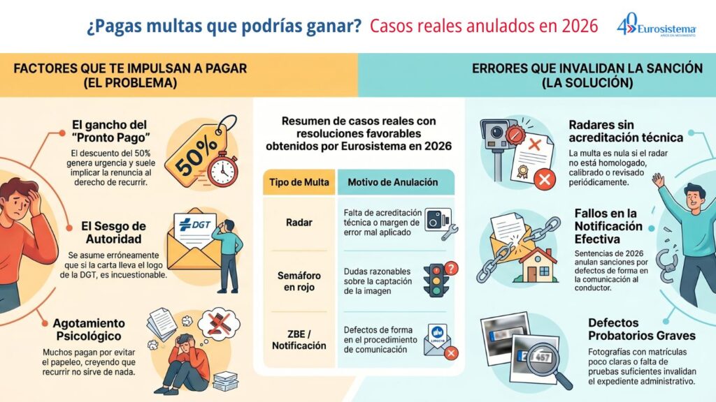Infografía sobre multas anuladas por errores de la DGT en 2026 y casos reales recurridos